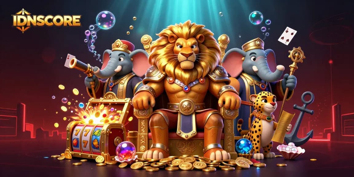 Experience thrilling gameplay at IDNSCORE with the lion king, slots, and treasure in a vibrant scene.
