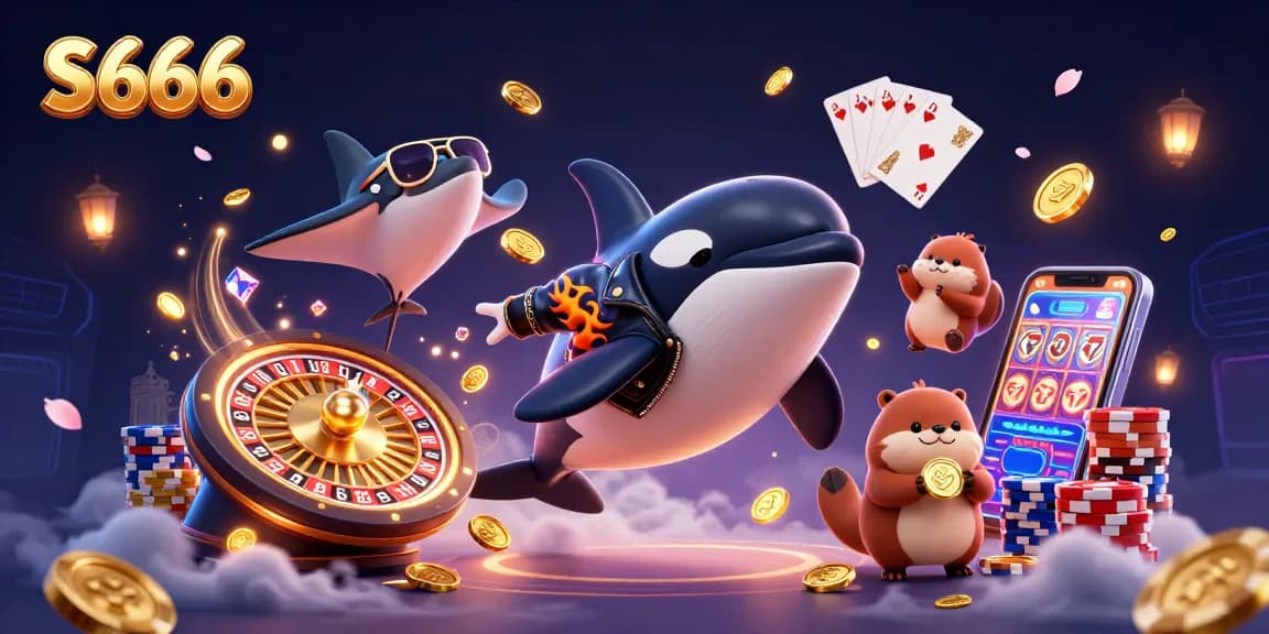 Spin the wheel at S666 with a playful orca, stingray, and otters amidst cascading coins and gems.