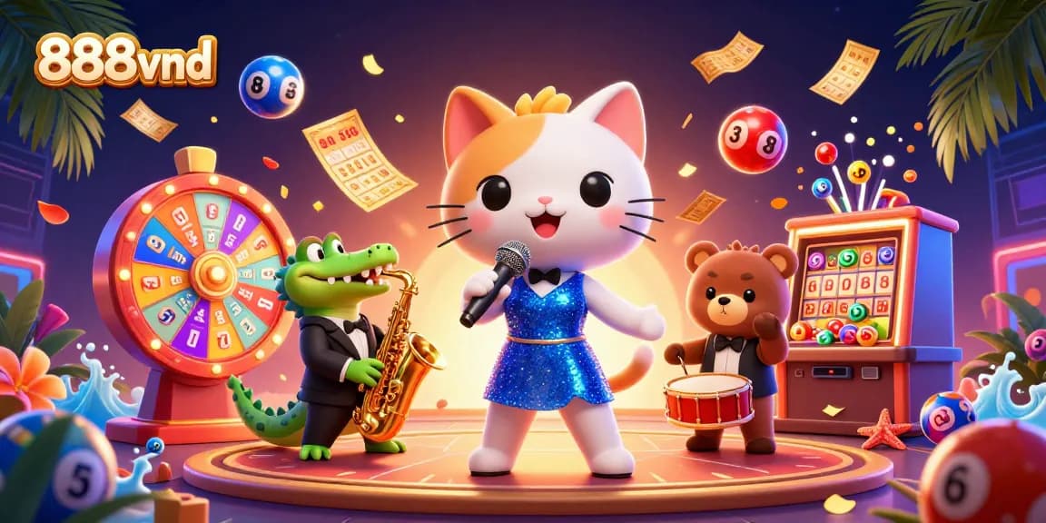 Engage with the thrill of 888vnd casino as colorful lottery balls bounce dynamically around lively characters.
