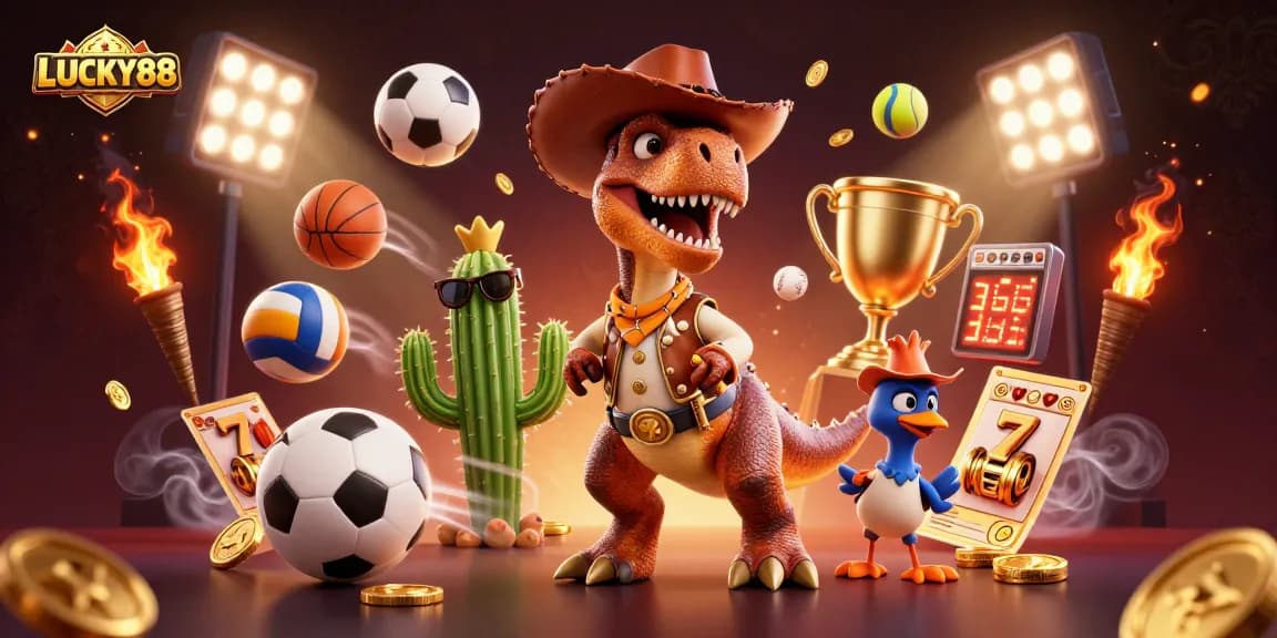 Engage in thrilling games at LUCKY88 with animated characters in a colorful casino scene featuring dynamic sports elements.