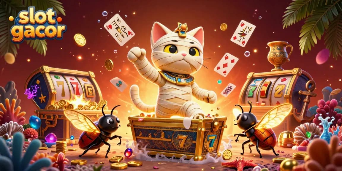 Engage in thrilling slot gacor action with a vibrant scene of a mummy cat and a glowing scarab in a pyramid casino.