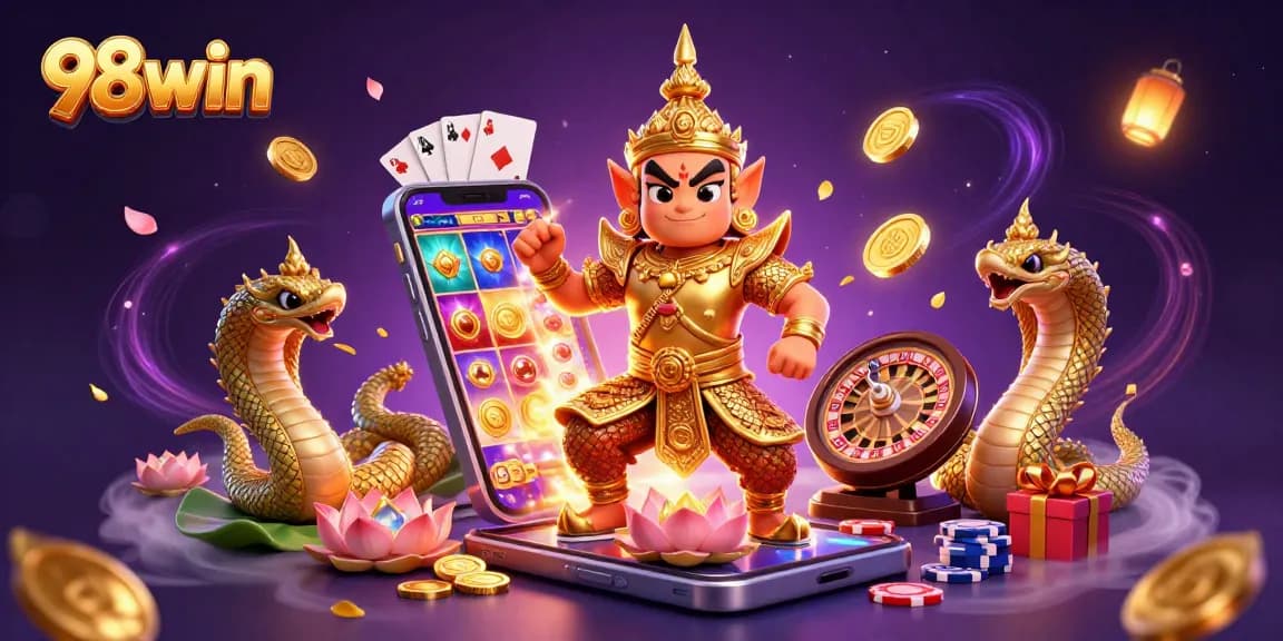 Engage with 98win's vibrant casino world featuring a guardian, game elements, and mystical effects.