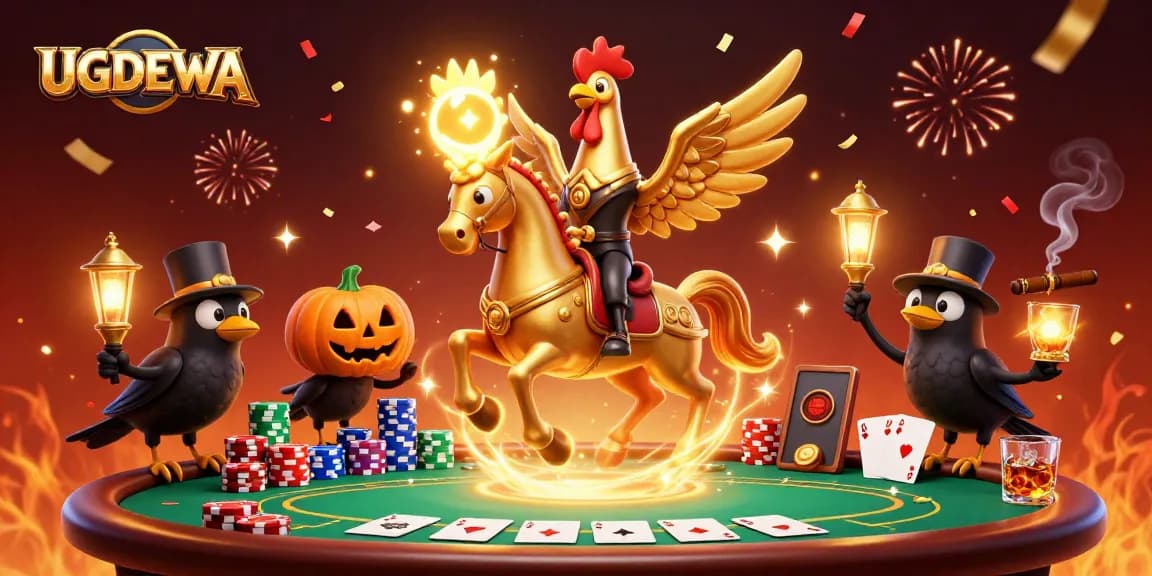 Experience the thrill of UGDEWA as a golden rooster leads a casino adventure with vibrant gaming excitement.