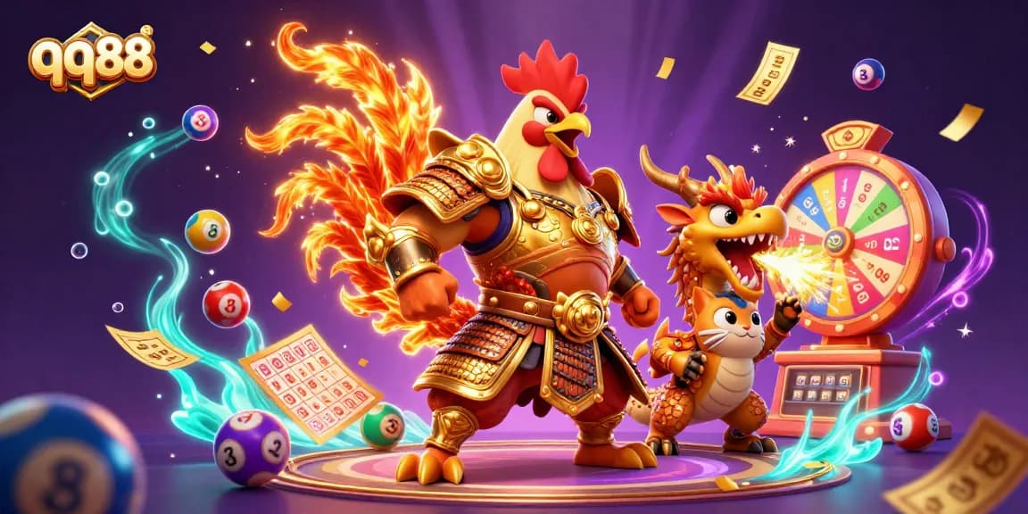 Engage with qq88's vibrant gaming experience featuring a rooster warrior, dragon, and fortune cat.