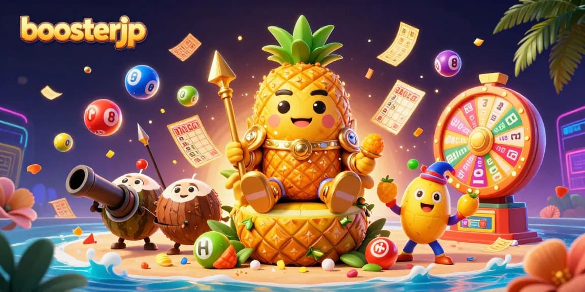 Play exciting games at boosterjp with colorful themes and dynamic prizes in a vibrant casino scene.