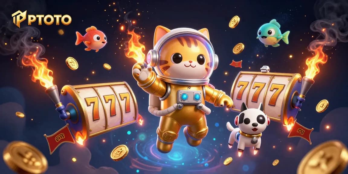 PPTOTO menampilkan suasana kasino yang bersemangat dengan kucing luar angkasa dan anjing robot di tengah gulungan slot yang berputar.