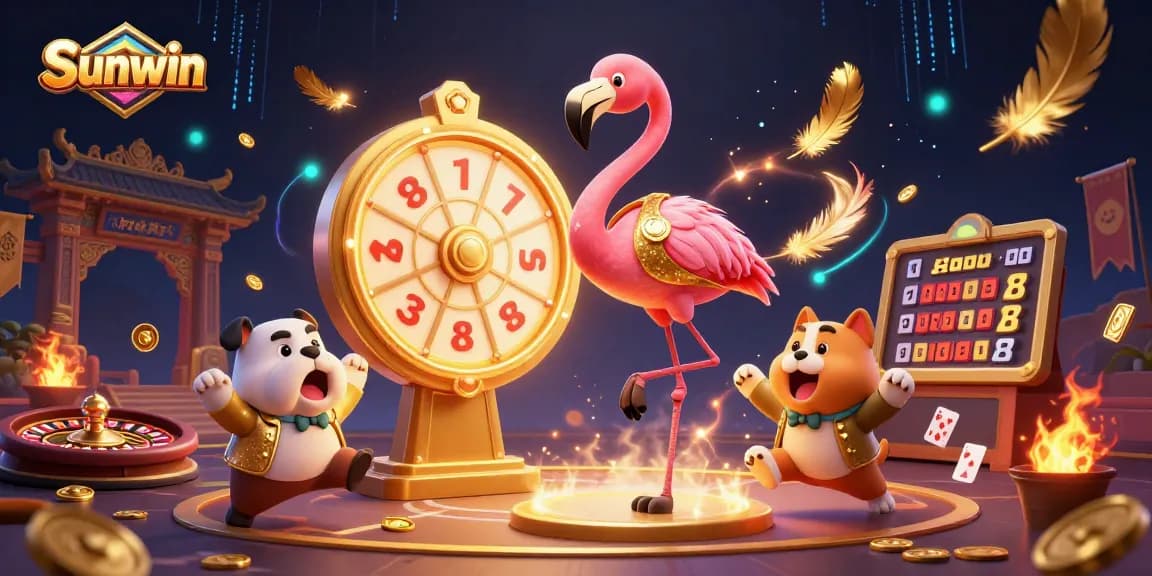 Engage with Sunwin's exciting casino experience, featuring a game show host, bulldog contestant, and vibrant casino elements.