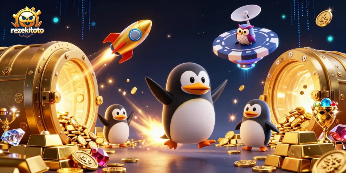 Experience the thrill of rezekitoto with a golden penguin and casino elements in vibrant 3D illustration.