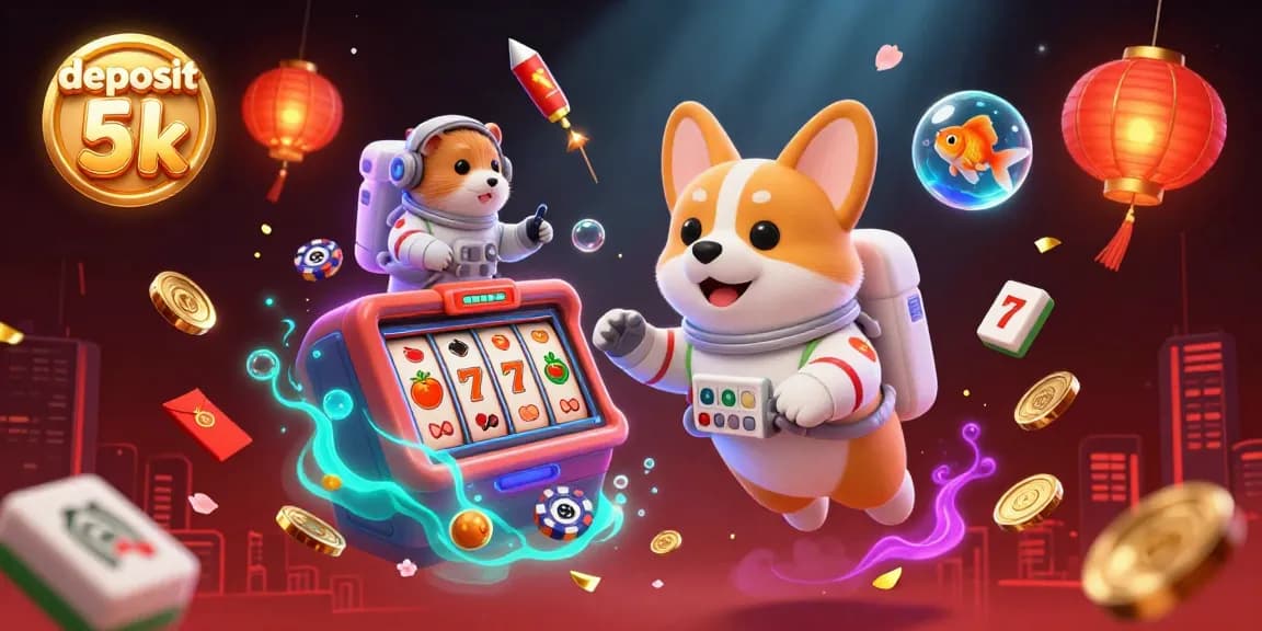 Experience the excitement of deposit 5k as a corgi and hamster enjoy slot games in a cosmic casino.
