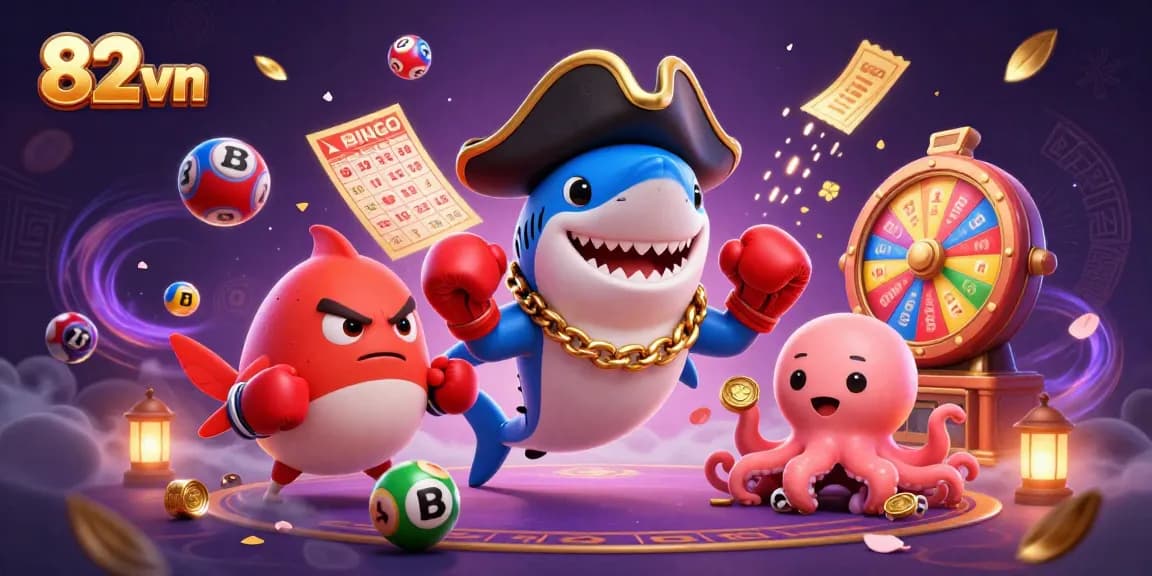 Join the excitement at 82 vn with colorful lottery elements and playful characters in this thrilling casino scene.