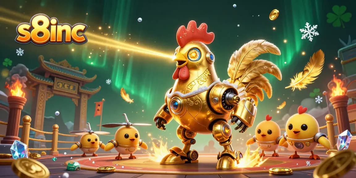 S8inc generates excitement with a golden rooster robot and dynamic baby chick drones amidst a vibrant casino environment.