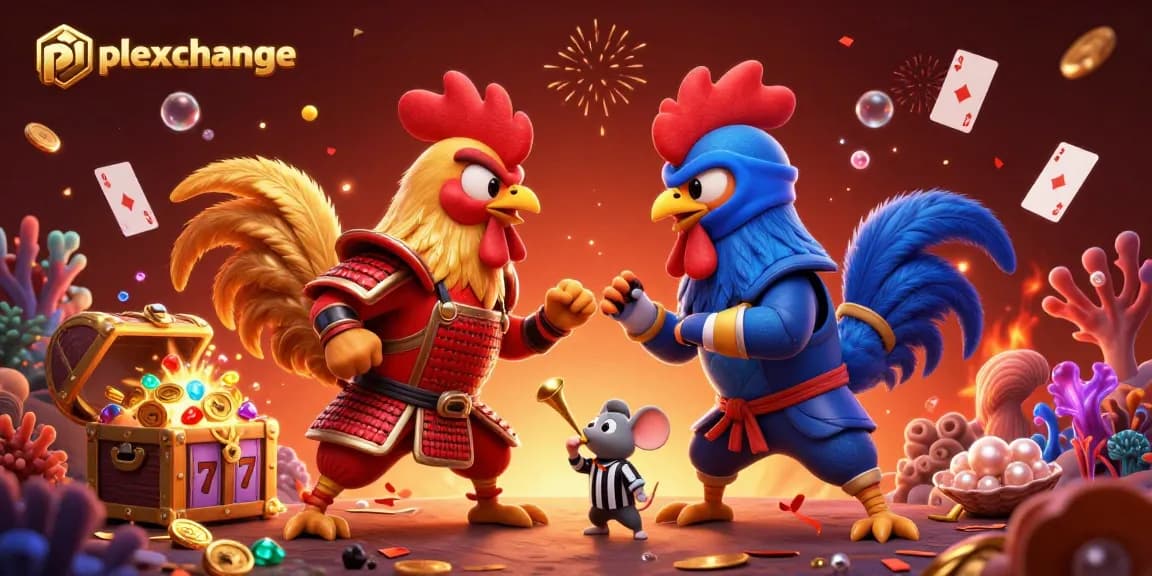 Engage in thrilling action at playexchange with cartoon roosters, lucky slots, and vibrant gems.