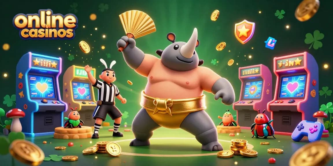 Engage with online casinos through a vibrant 3D cartoon scene featuring a beetle champion surrounded by gaming elements.