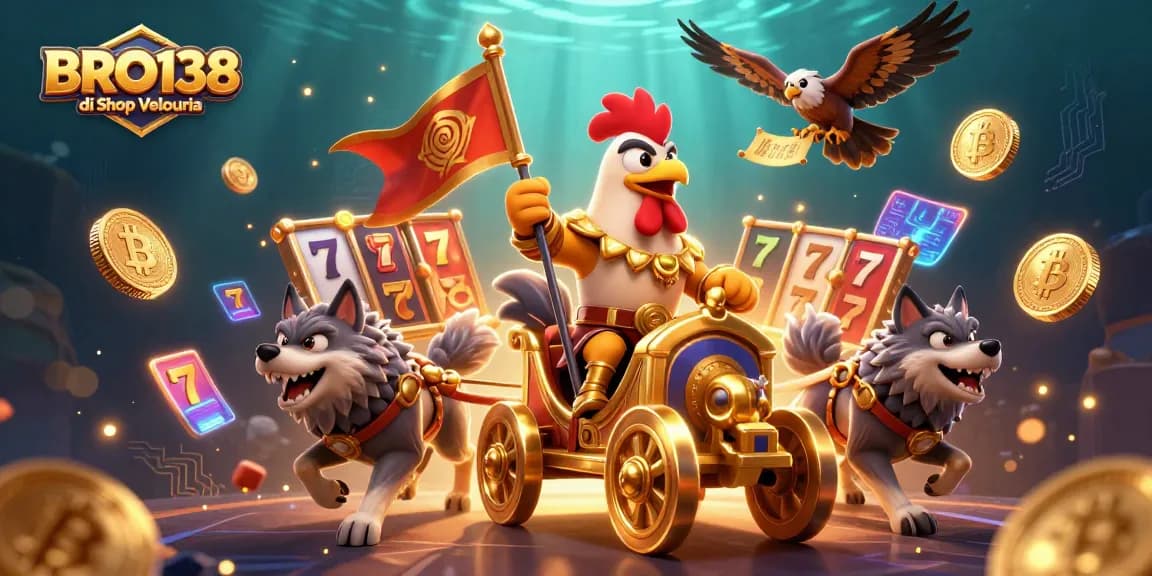 BRO138 di Shop Velouria showcases a thrilling online slot experience with engaging characters and vibrant elements.