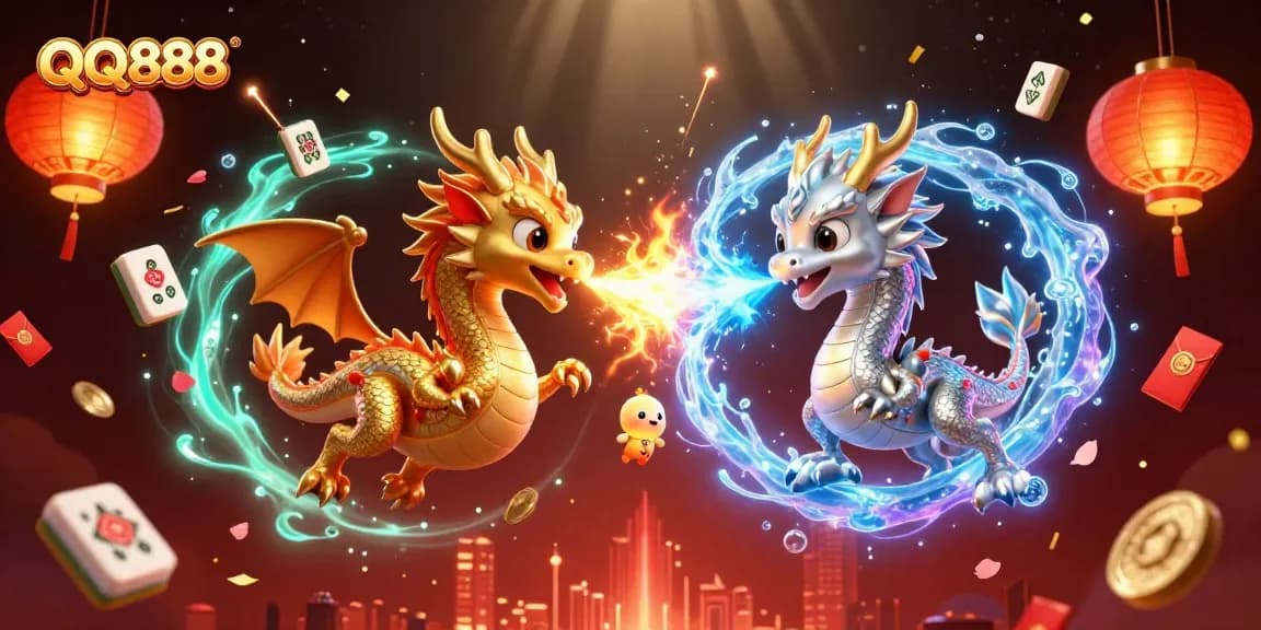Engage with QQ888's thrilling dragon-themed gaming experience featuring gold and silver dragons amidst vibrant casino elements.