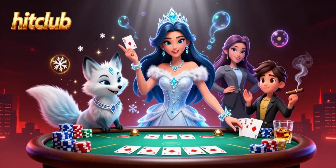 Play poker at Hitclub with a captivating winter-themed casino scene featuring an ice queen and her fox companion.