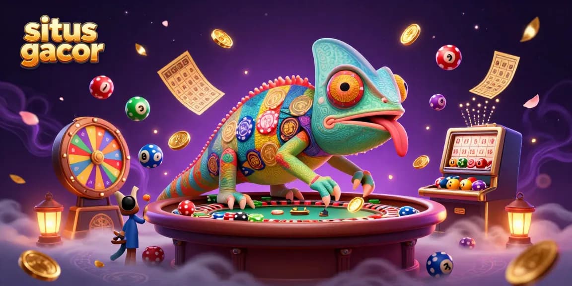 Engage players with situs gacor, featuring a chameleon casino owner amid vibrant lottery balls and golden prizes.