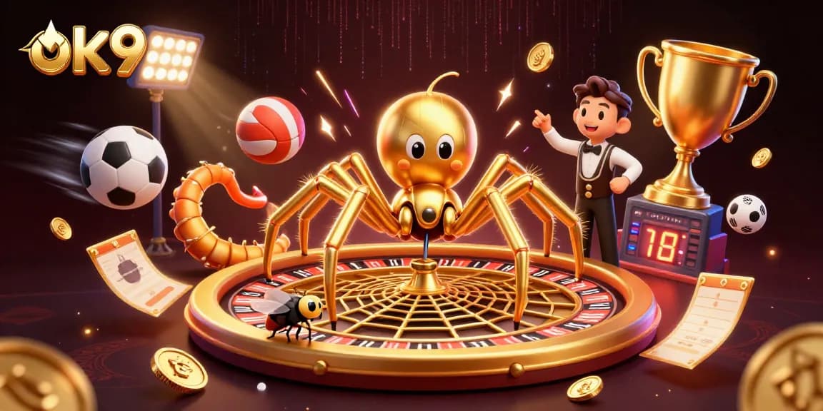 Bet big at ok9 with a fly nervously placing bets on a roulette wheel made of golden web.