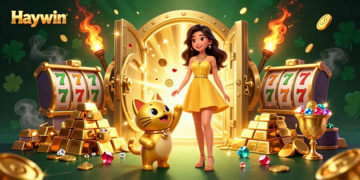 Experience the thrill of winning at Haywin Casino with vibrant slot reels and charming lucky cat.