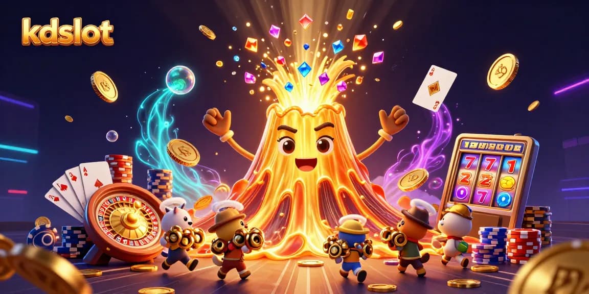 KDSlot offers thrilling gaming experiences with a vibrant eruption of treasures in a dynamic 3D casino scene.