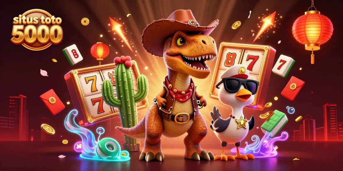 Engaging scene featuring a dinosaur character enjoying fun gameplay at situs toto 5000, showcasing vibrant casino elements.