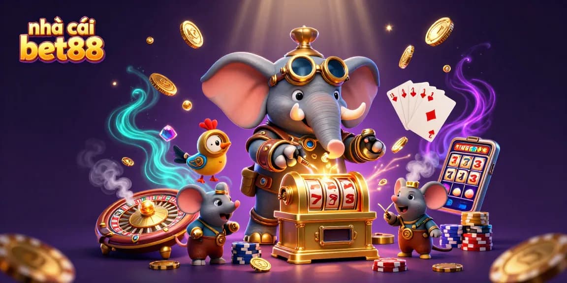 Experience the excitement of nhà cái bet88 with a steampunk elephant engaging in thrilling slots action and casino fun.