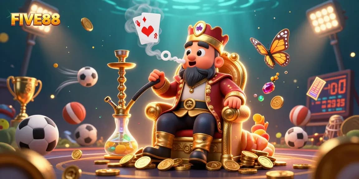 Engage with FIVE88's thrilling casino scene featuring dynamic sports elements and an enchanting caterpillar master.