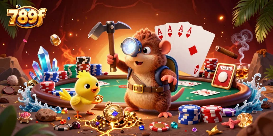Engaging 789f scene of a treasure hunter mole and canary exploring an intricate cave of riches with poker elements.