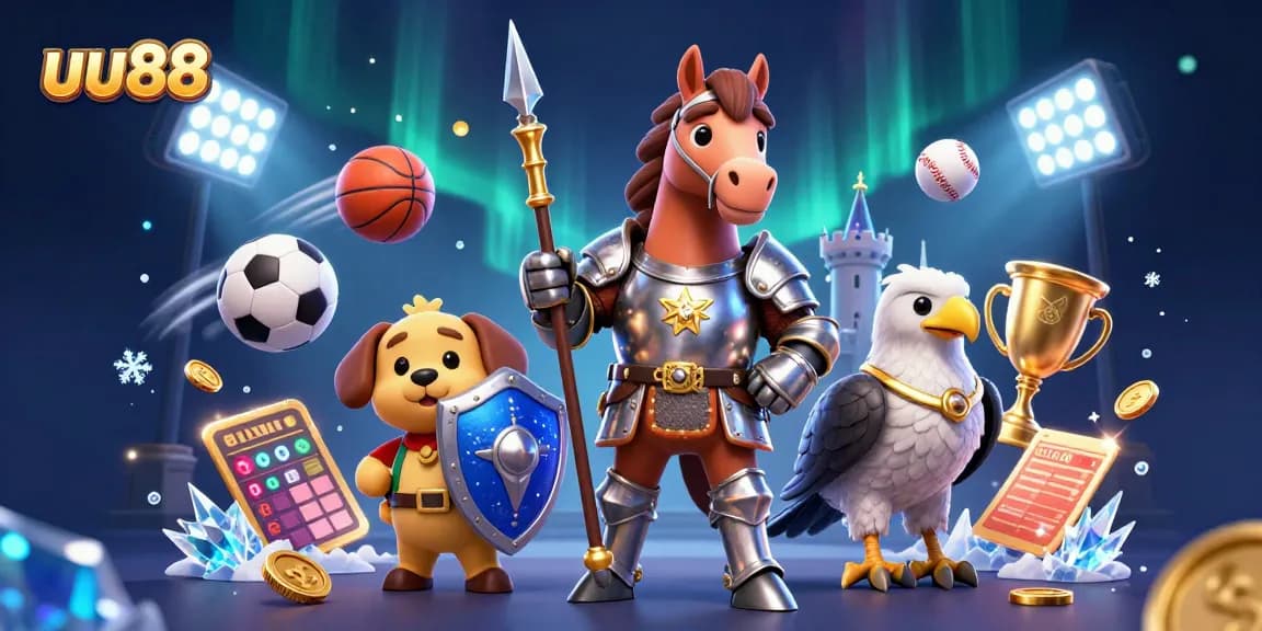 uu88 engages players with an exciting 3D scene featuring characters amidst vivid casino elements and sports betting action.