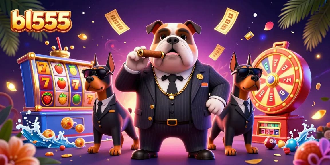 Experience the excitement with bl555 at this vibrant casino scene featuring a mafia bulldog and dynamic slot elements.
