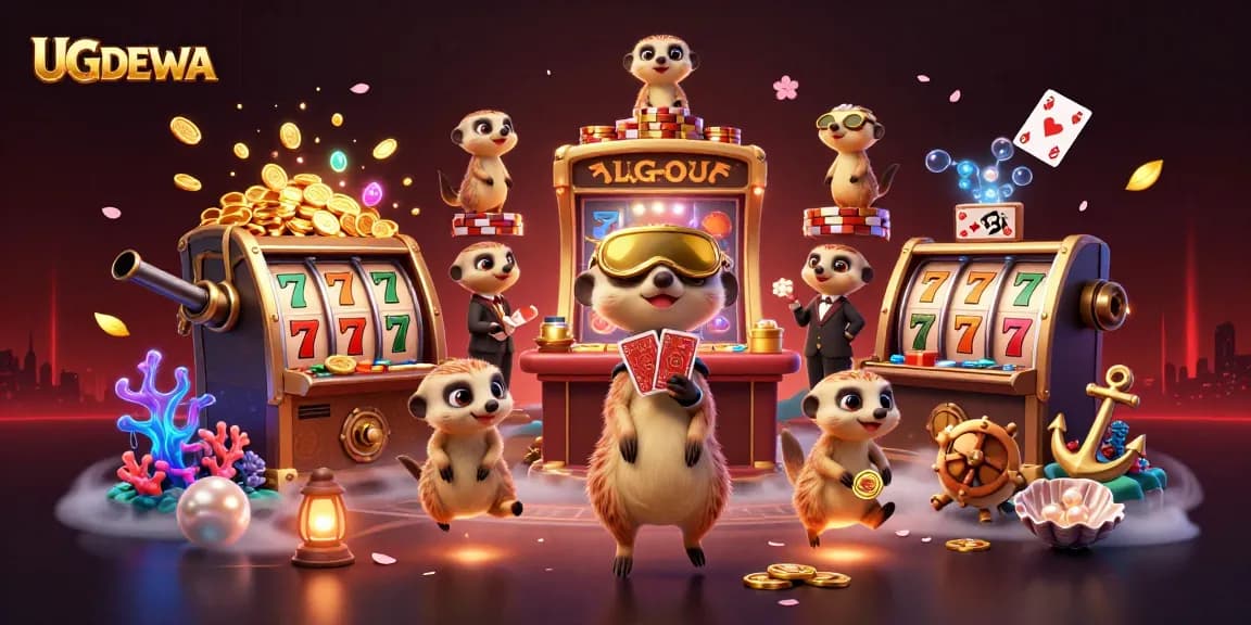 Experience thrilling gameplay at UGDEWA with engaging slot reels and energetic meerkats running the casino.