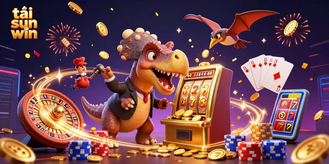 Experience excitement with tải sun win as a cartoon dinosaur activates a slot machine jackpot, amid a vibrant casino backdrop.