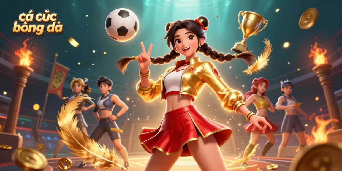 Cá cược bóng đá scene with energetic Asian woman celebrating amidst sports elements, vibrant and dynamic.