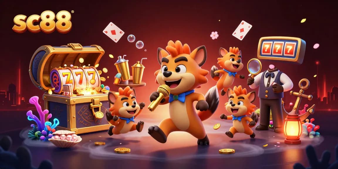Experience the excitement of SC88 with hyenas in a vibrant casino scene featuring comedy, drinks, and gaming action.