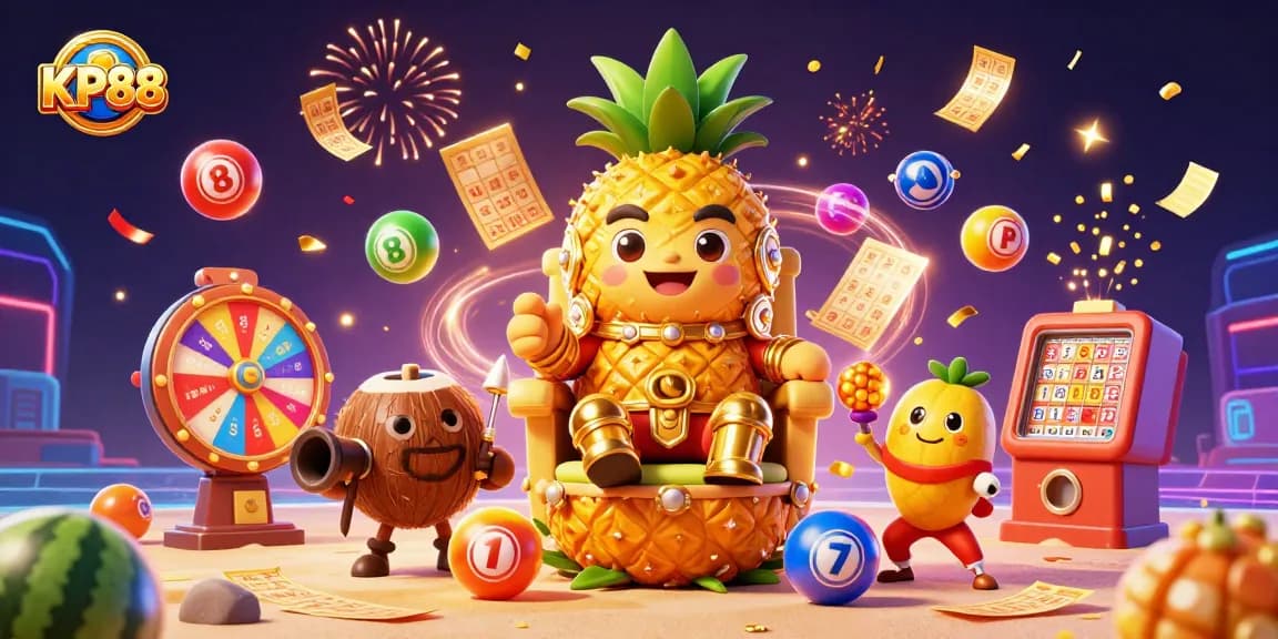 Experience the excitement of KP88 with a vibrant 3D casino scene featuring fun characters and games.