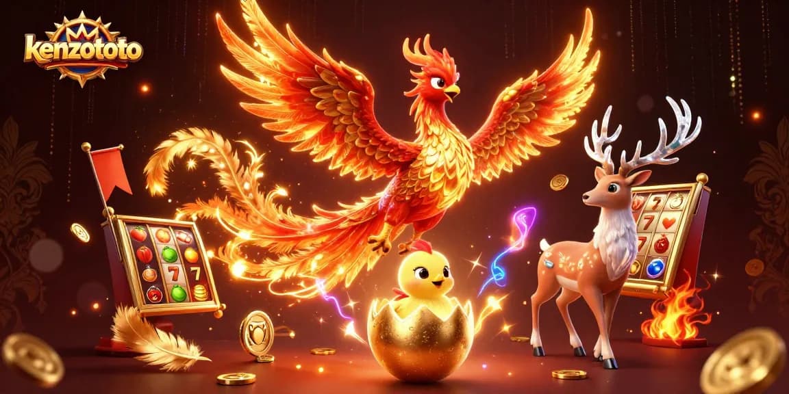 Spin the reels with KENZOTOTO, featuring vibrant phoenix characters and thrilling slot elements.