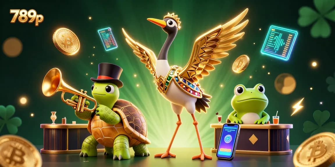 Engaging scene with 789p themed characters at a casino celebrating wins and cryptocurrency.
