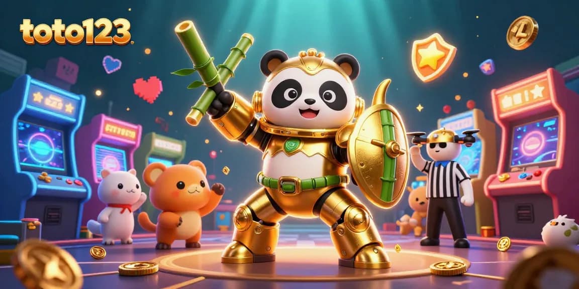 Engage in thrilling toto123 games with a golden panda, bamboo robot, and vibrant arcade elements.