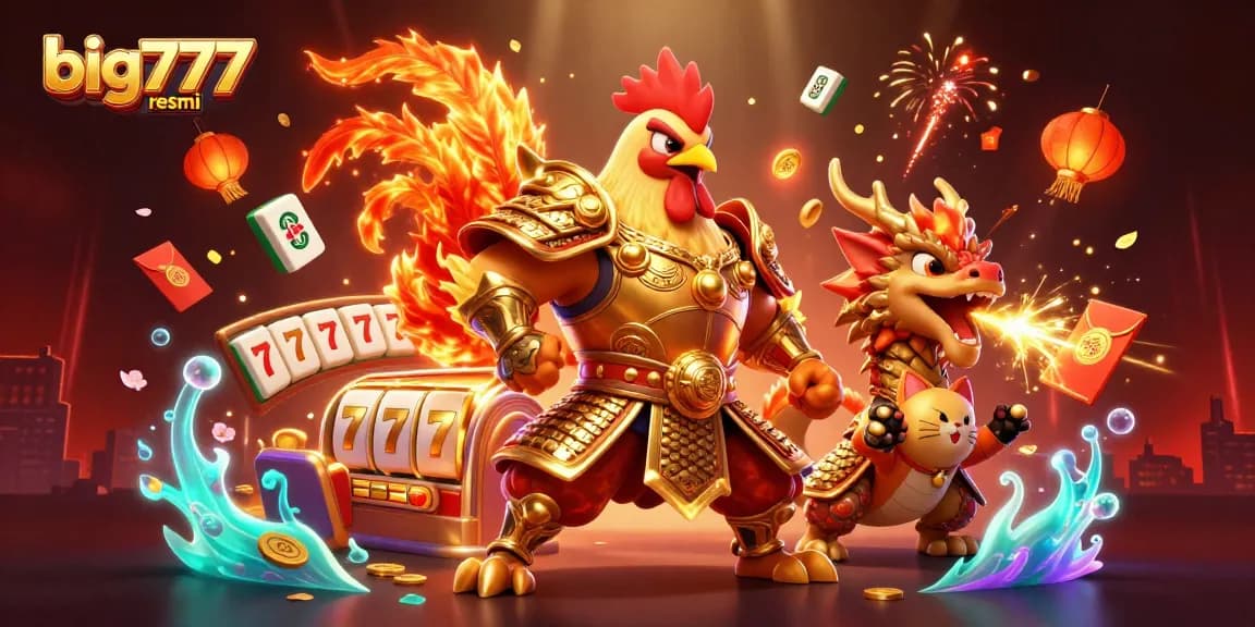 Experience the thrill of big777 resmi with a dynamic 3D scene featuring a fighting rooster and dragon celebrating wins.