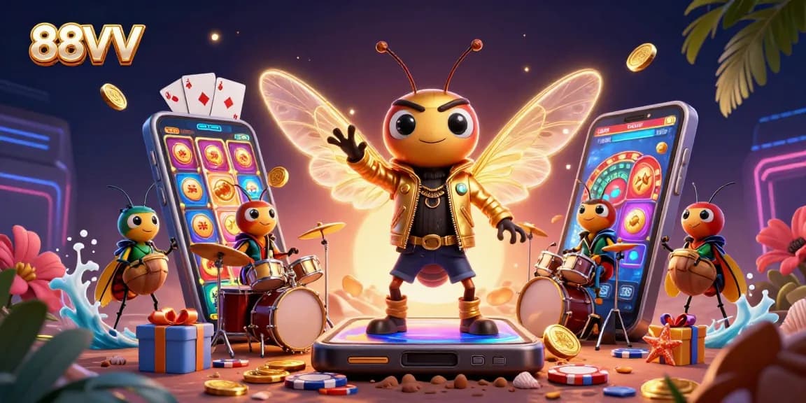 88VV features a lively 3D scene with a rock star cicada, exciting slot game elements, and vibrant casino atmosphere.