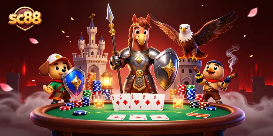 Experience the excitement of sc88 at a vibrant poker scene with cartoon knight and peppy companions.
