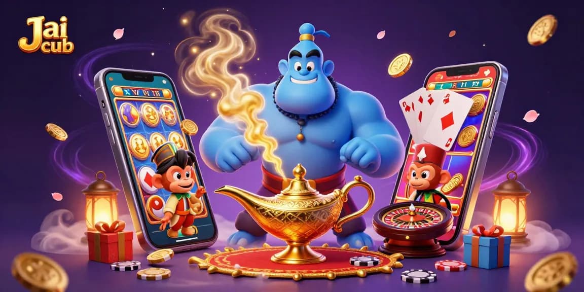 Engage with Jai club through a vibrant 3D illustration showcasing a genie and magical carpet amid casino excitement.