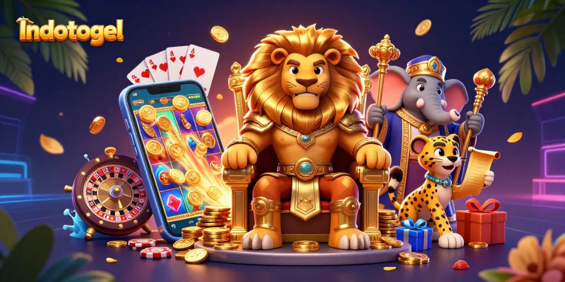 Engage with Indotogel for exciting slot adventures featuring a lion king and vibrant casino elements.