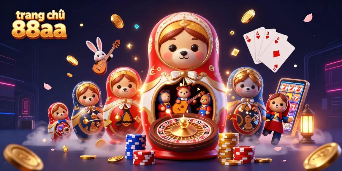 Experience excitement at trang chủ 88aa with vibrant casino-themed cartoon illustration, showcasing games and prizes.