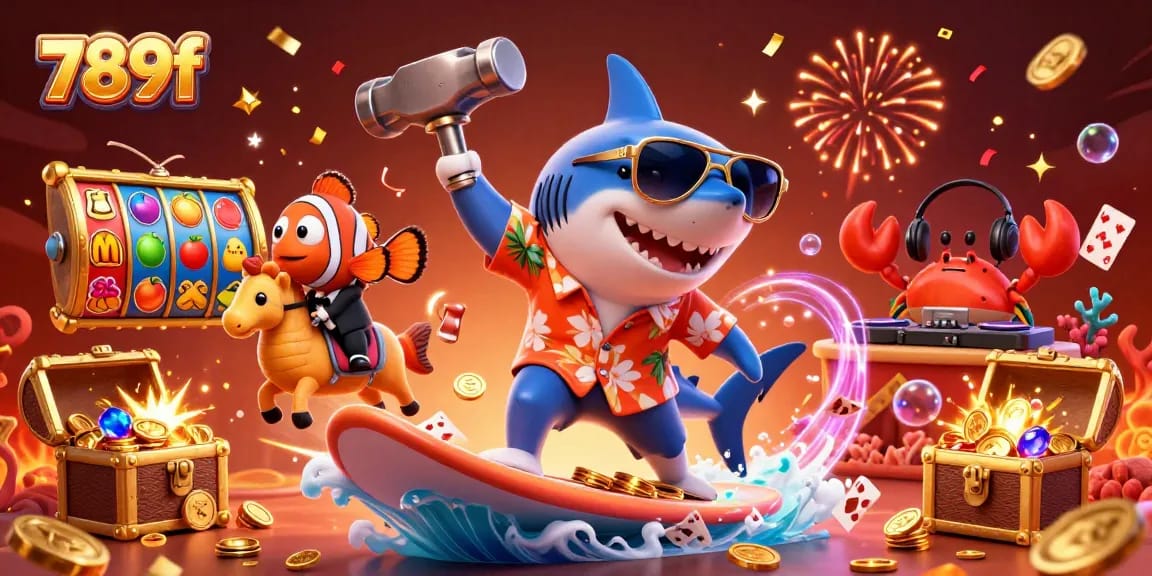 Engaging visual of 789f's vibrant casino scene, featuring playful ocean characters amidst floating slot symbols and gold coins.