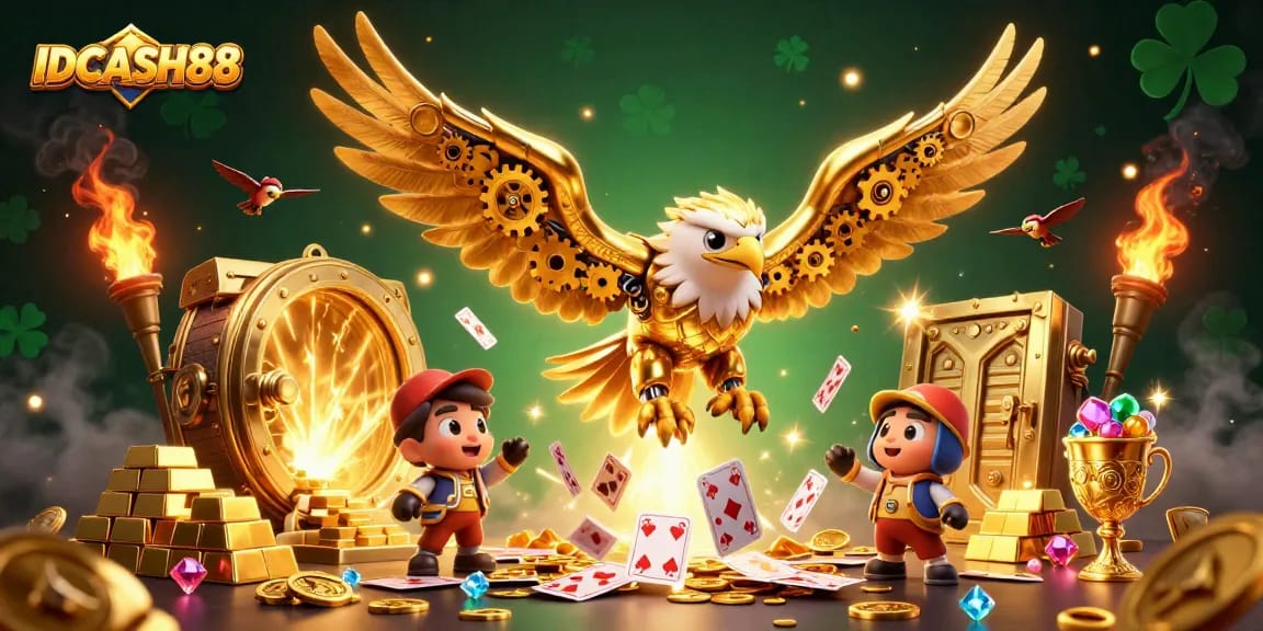 Experience the thrilling gameplay of IDCASH88 with a vibrant illustration capturing the excitement of online slots and jackpots.