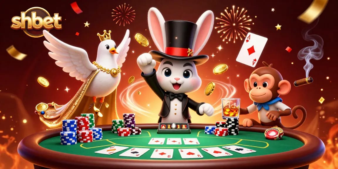 Experience thrilling moments at shbet casino with a magician pulling coins and a monkey stealing poker chips.