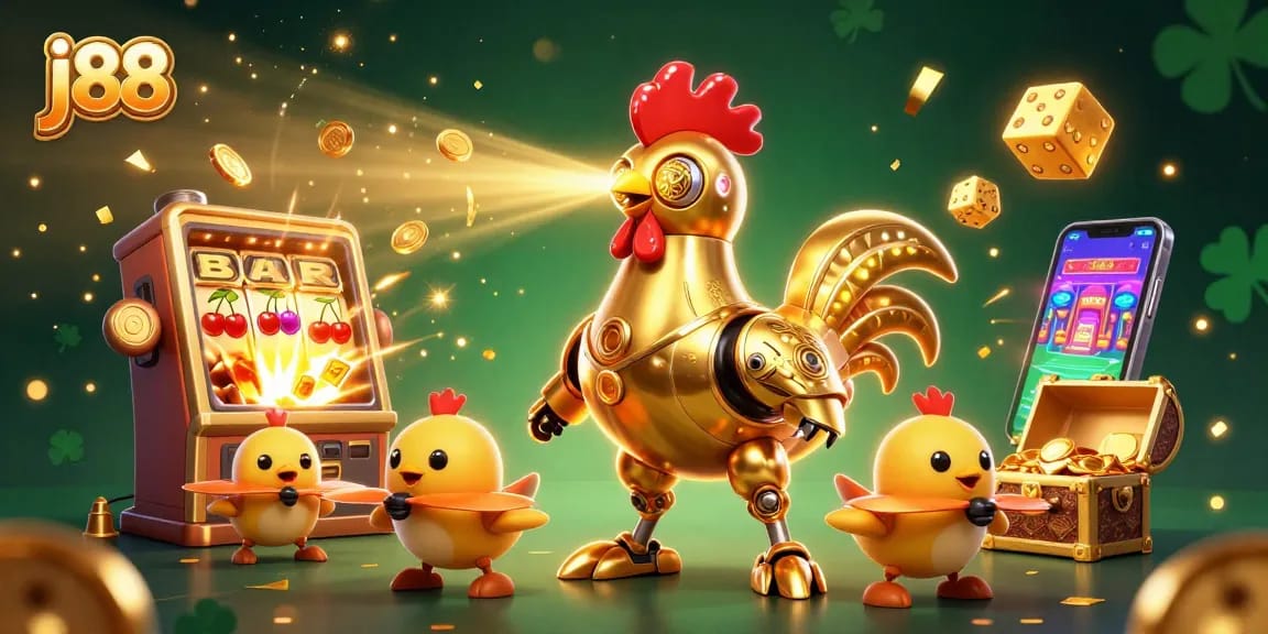 Experience thrilling wins with j88 as a golden rooster robot leads the way in an exciting casino scene.