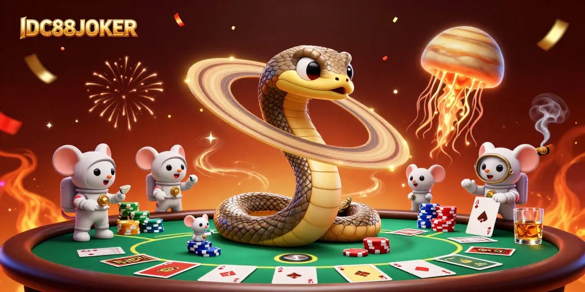 Engage with IDC88JOKER's vibrant cosmic casino scene featuring animated characters in a thrilling atmosphere.