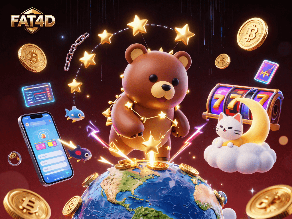 Experience the thrill of FAT4D with constellation bear and vibrant slot reels amidst dazzling coins.